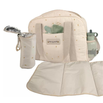 Bbluv Simply Diaper Bag in cotton, featuring pockets with baby essentials, a drink bottle, and a changing mat.