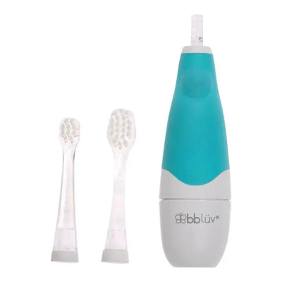 Bbluv Sonik 2-Stage Sonic Toothbrush in white and aqua, includes two interchangeable brush heads for babies and toddlers.