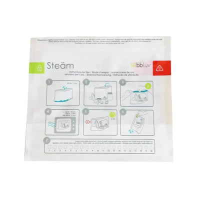 Instructions for use of Bbluv Steäm Microwave Quick-Steam Sterilizer Bags, detailing steps for sterilization.