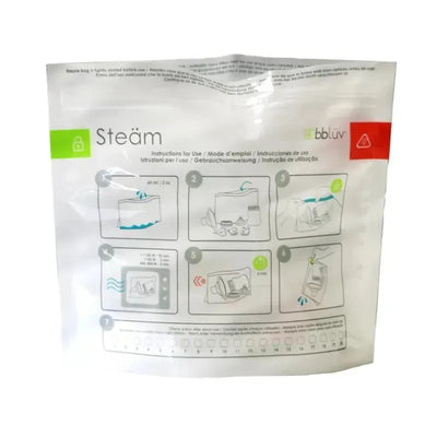 Bbluv Steäm microwave sterilizer bag with instructions for use and visual steps for effective sterilization.