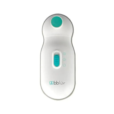Bbluv Trimo electric nail trimmer for babies, featuring a teal button, a control slider, and a sleek white design.