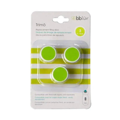 Replacement filing discs for Bbluv Trimö, suitable for ages 6-12 months, featuring three green discs in packaging.