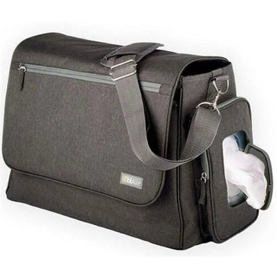 Ultra Complete Diaper Bag by Bbluv in charcoal, featuring adjustable strap and side pocket for easy access to wipes.
