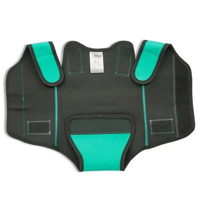 Neoprene baby wetsuit in aqua and black, featuring adjustable straps and size labeled for 0-6 months.