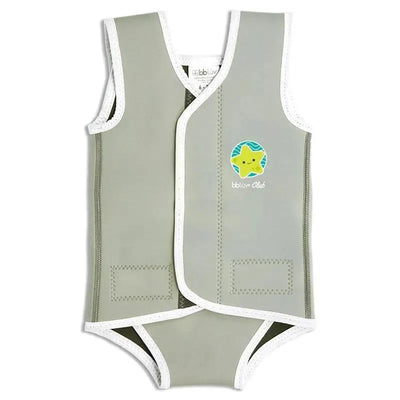 Gray neoprene baby wetsuit by Bbluv, featuring a starfish logo and white trim, designed for water activities.