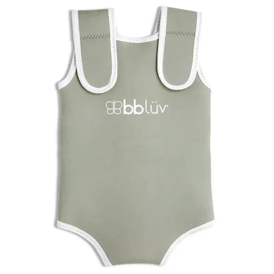 Gray neoprene baby wetsuit by bbluv, featuring wide shoulder straps and a white logo on the front.
