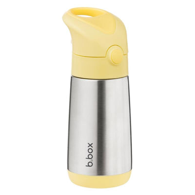 Insulated 12 oz water bottle by b.box in Lemon Twist color with a yellow lid and stainless steel body.