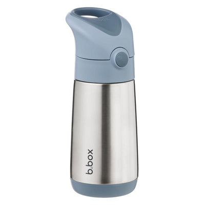 12 oz insulated water bottle with a stainless steel body and light blue silicone straw lid from b.box.