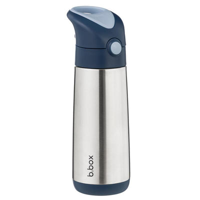 Insulated drink bottle by b.box in midnight blue and stainless steel, featuring a flip-top lid and ergonomic design.