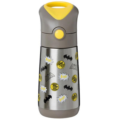 350ml insulated drink bottle in black and yellow, featuring Batman logos and comic-style graphics.