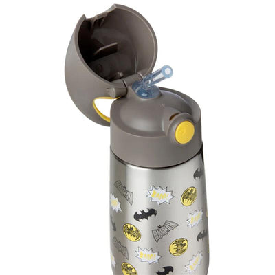 Insulated 350ml drink bottle in black and yellow featuring Batman graphics, with a flip-top lid and built-in straw.
