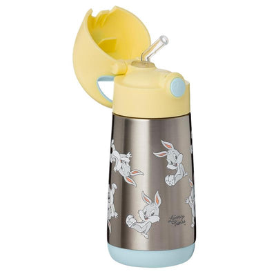 Insulated 350ml drink bottle featuring Looney Tunes characters in blue and yellow, with a flip-top lid and straw.