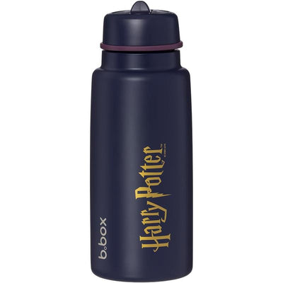 Harry Potter-themed 34oz triple insulated kids water bottle in navy with a stainless steel straw and gold logo.