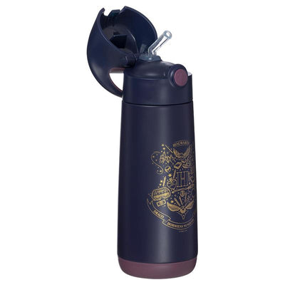 Harry Potter insulated drink bottle, 500ml, navy color with a Hogwarts crest design and a flip-top lid.