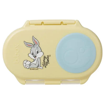 Bbox Looney Tunes Snackbox featuring a yellow exterior and a blue lid, illustrated with Bugs Bunny.