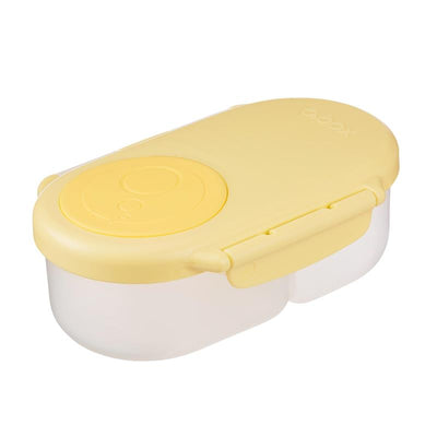 Snack box for kids and toddlers in lemon yellow with a clear bottom and lid featuring a circular design and secure closure.