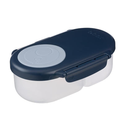 Snack box for kids and toddlers in midnight blue with a secure lid and transparent container.