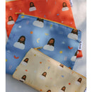 Three reusable snack bags featuring colorful designs of Jesus, with patterns including religious symbols and abstract shapes.
