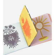 Crinkle book featuring colorful illustrations of hearts, flowers, and religious symbols designed for babies.