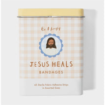 Assorted fabric bandages featuring a design of Jesus, packaged in a tin with 45 sterile adhesive strips.