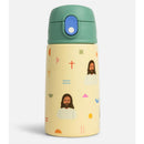Stainless steel water bottle featuring colorful geometric designs and illustrations of Jesus, 13.5 oz capacity.