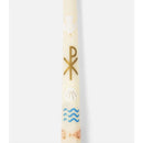 Baptism candle featuring gold symbols, including a dove, shell, waves, and fish, designed for religious ceremonies.