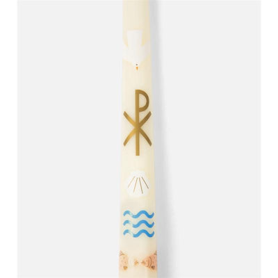 Baptism candle featuring gold symbols, including a dove, shell, waves, and fish, designed for religious ceremonies.