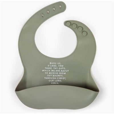 Sage green silicone bib featuring a front pocket and text that reads a meal blessing prayer.