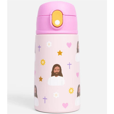 Pink stainless steel water bottle with a design featuring Jesus, flowers, hearts, stars, and crosses. 3.5 oz capacity.
