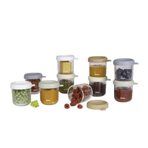 Béaba 10Pk Glass Baby Food Jars with soft silicone airtight lids, assorted contents including fruits and purees, 8 oz, Sunrise.