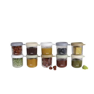 Béaba 10Pk Glass Baby Food Jars with soft silicone airtight lids, showcasing various colorful baby food contents.