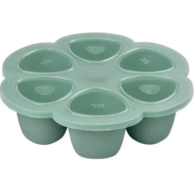 Multiportions silicone baby food storage container by Beaba in sage color, featuring six compartments for food storage.