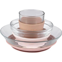 Béaba 3Pk Glass Meal Set in Cotton Candy colors, featuring stacked bowls and a cup with silicone suction base.