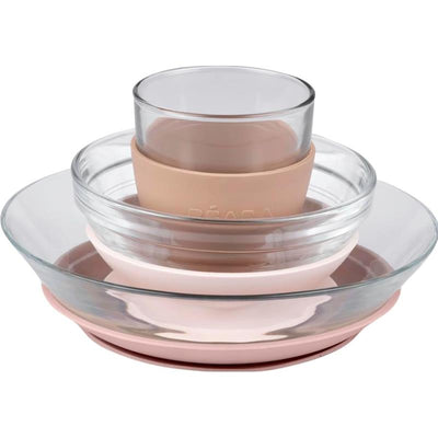 Béaba 3Pk Glass Meal Set in Cotton Candy colors, featuring stacked bowls and a cup with silicone suction base.
