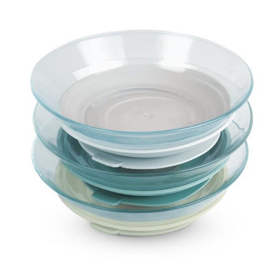 Beaba 3-pack glass plate set in grey and green, featuring three stacked plates in varying shades.