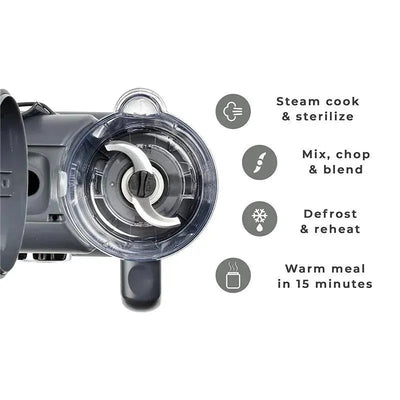 Beaba Babycook Solo 4 in 1 Baby Food Maker in Cloud, featuring a blending blade and icons indicating steam cooking, mixing, defrosting, and warming.
