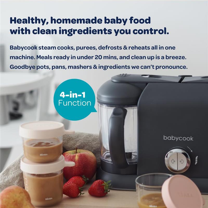 Beaba Babycook Duo 4 in 1 Baby Food Maker in Midnight, with jars of baby food and fresh fruits, emphasizes homemade meal preparation.