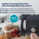 Beaba Babycook Duo 4 in 1 Baby Food Maker in Midnight, with jars of baby food and fresh fruits, emphasizes homemade meal preparation.