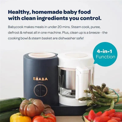 Beaba Babycook Neo Baby Food Maker in Cloud color, featuring a 4-in-1 function, surrounded by fresh vegetables and fruits.