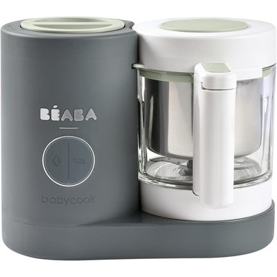 Béaba Babycook Neo Baby Food Maker in mineral color, featuring a glass bowl and control buttons for steaming and blending.