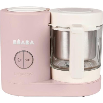 Beaba Babycook Neo Baby Food Maker in cotton candy color, featuring a steam and blend function with a glass bowl.
