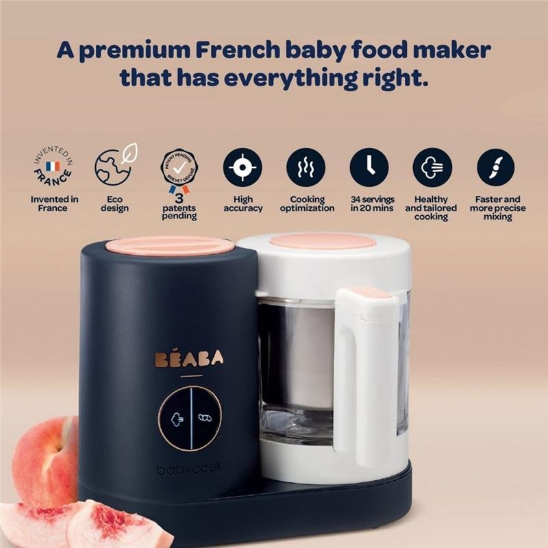 Beaba Babycook Neo Baby Food Maker in navy and white, features steam and blend capabilities, designed for healthy baby food preparation.