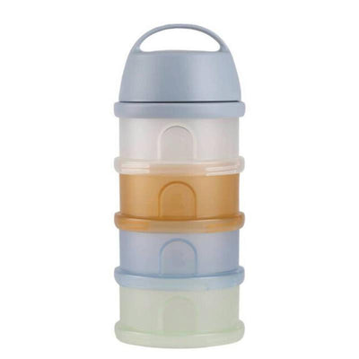 Translucent Beaba Formula Snack Container stacked with four compartments in pastel colors, featuring a top handle.