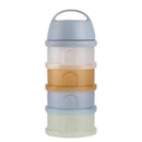 Translucent Beaba Formula Snack Container stacked with four compartments in pastel colors, featuring a top handle.