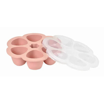 Silicone baby food freezer tray in rose color with six compartments and a clear lid for easy storage.