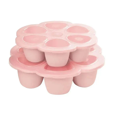 Silicone baby food freezer tray in rose color with eight 3-ounce portions, designed for easy meal preparation and storage.
