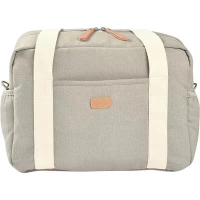 Large gray Beaba - Paris diaper bag with cream straps, featuring a front pocket and zipper closure.