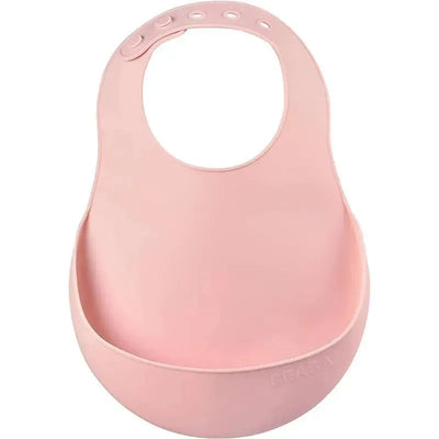 Silicone baby bib in a soft rose color, featuring a large pocket to catch food spills.