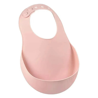 Silicone baby bib in rose color, designed with a secure neck fastening and a large pocket for catching spills.