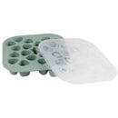 Béaba Silicone Mini Multiportion Tray in sage green with 16 heart-shaped compartments and a matching lid.
